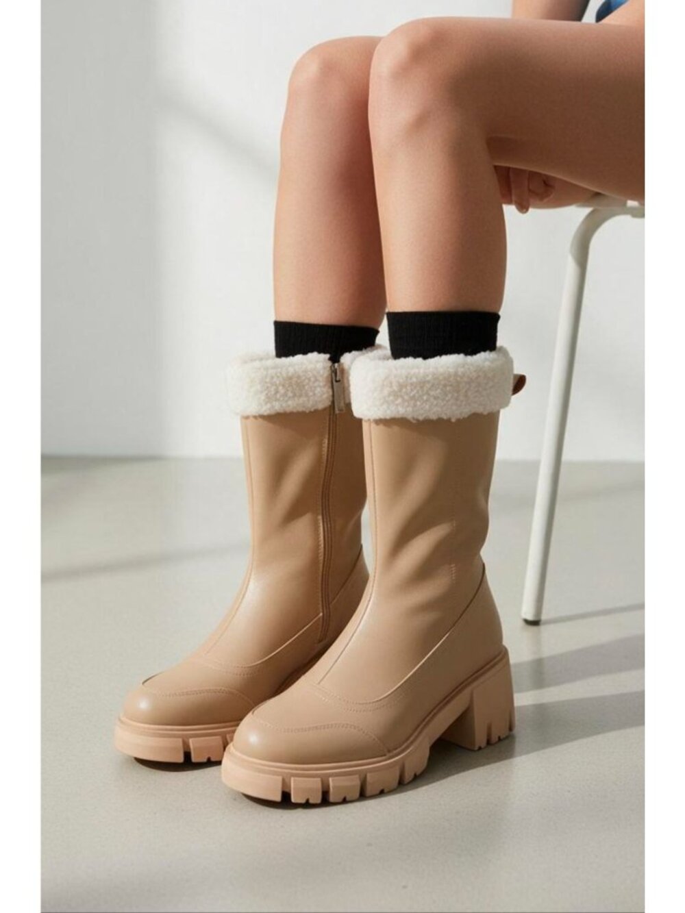 Chunky Sole Faux Leather Mid-Calf Boots With Shearling Trim Nude Color